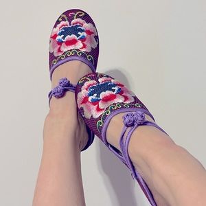 Purple floral embroidered slip on Mary jane mules